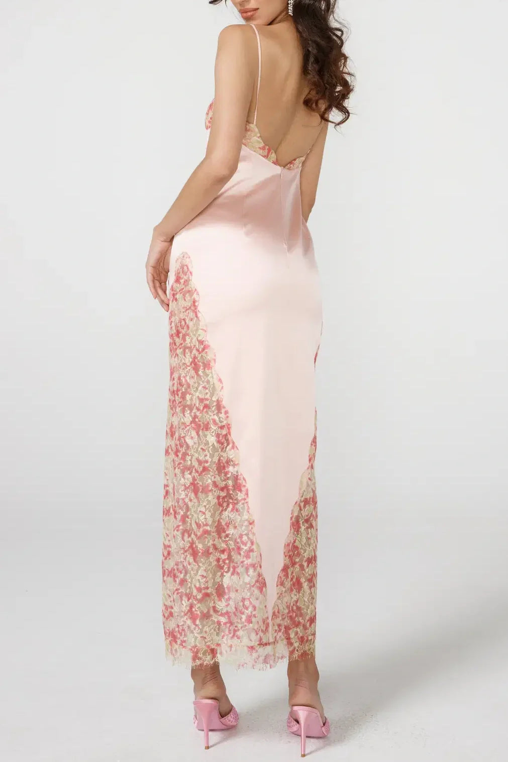 Pink Satin Floral Lace Spaghetti Strap Midi Dresses