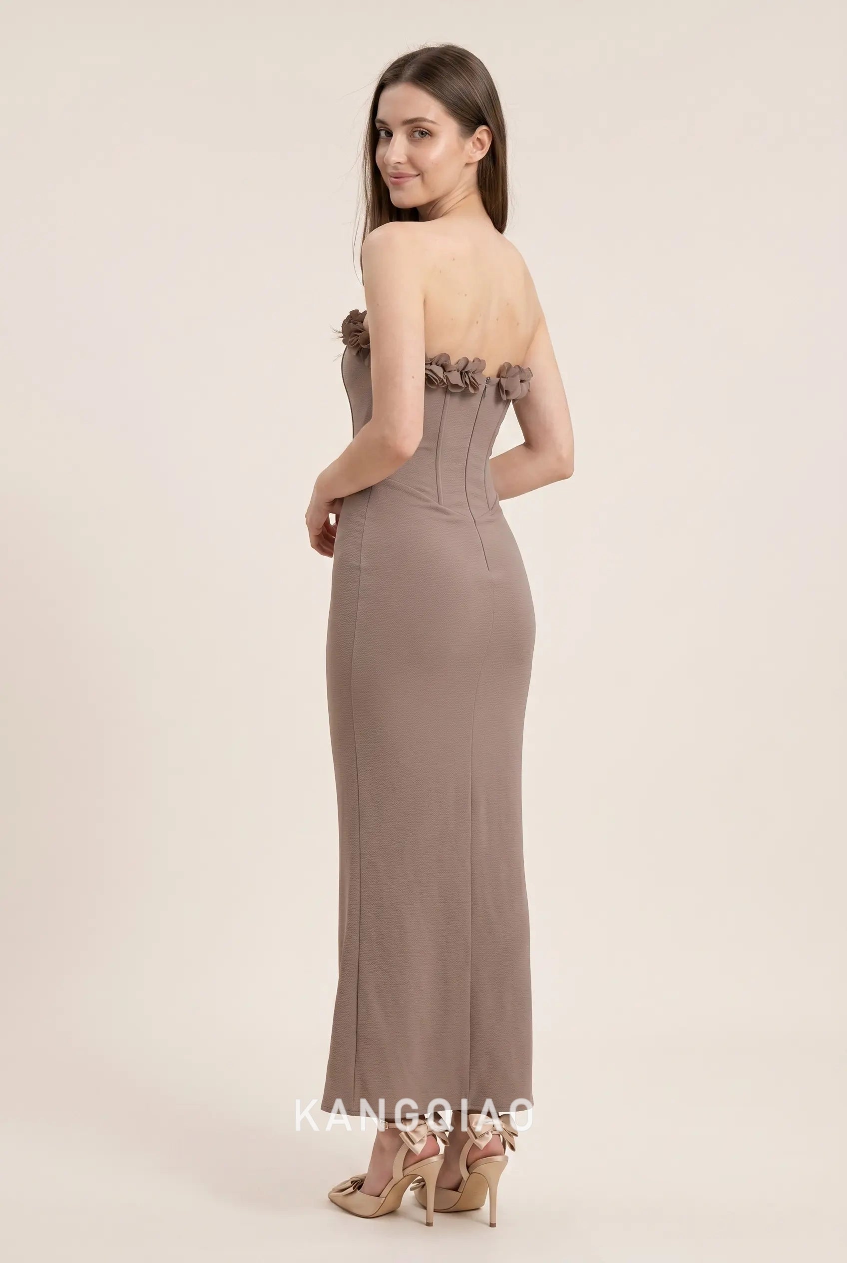 Taupe Strapless 3D Floral Applique Corset Bodice Mermaid Crepe Floor Length Formal Evening Prom Dress