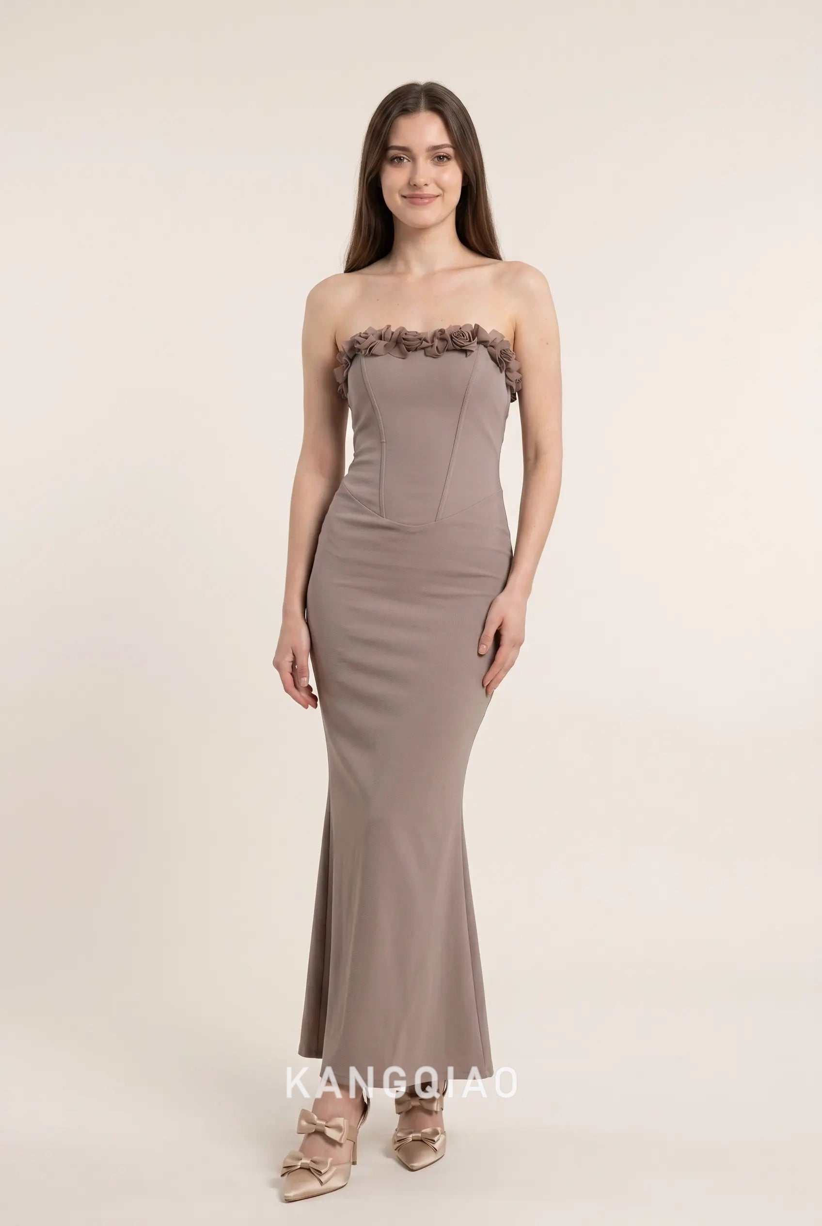 Taupe Strapless 3D Floral Applique Corset Bodice Mermaid Crepe Floor Length Formal Evening Prom Dress