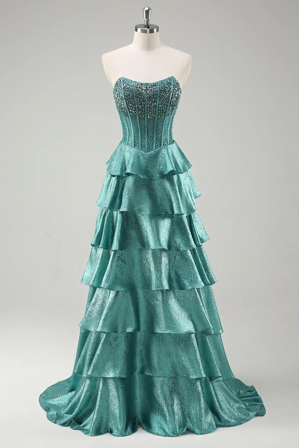 Teal Blue Beaded Strapless Tiered Ruffle Metallic A-Line Maxi Evening Dresses