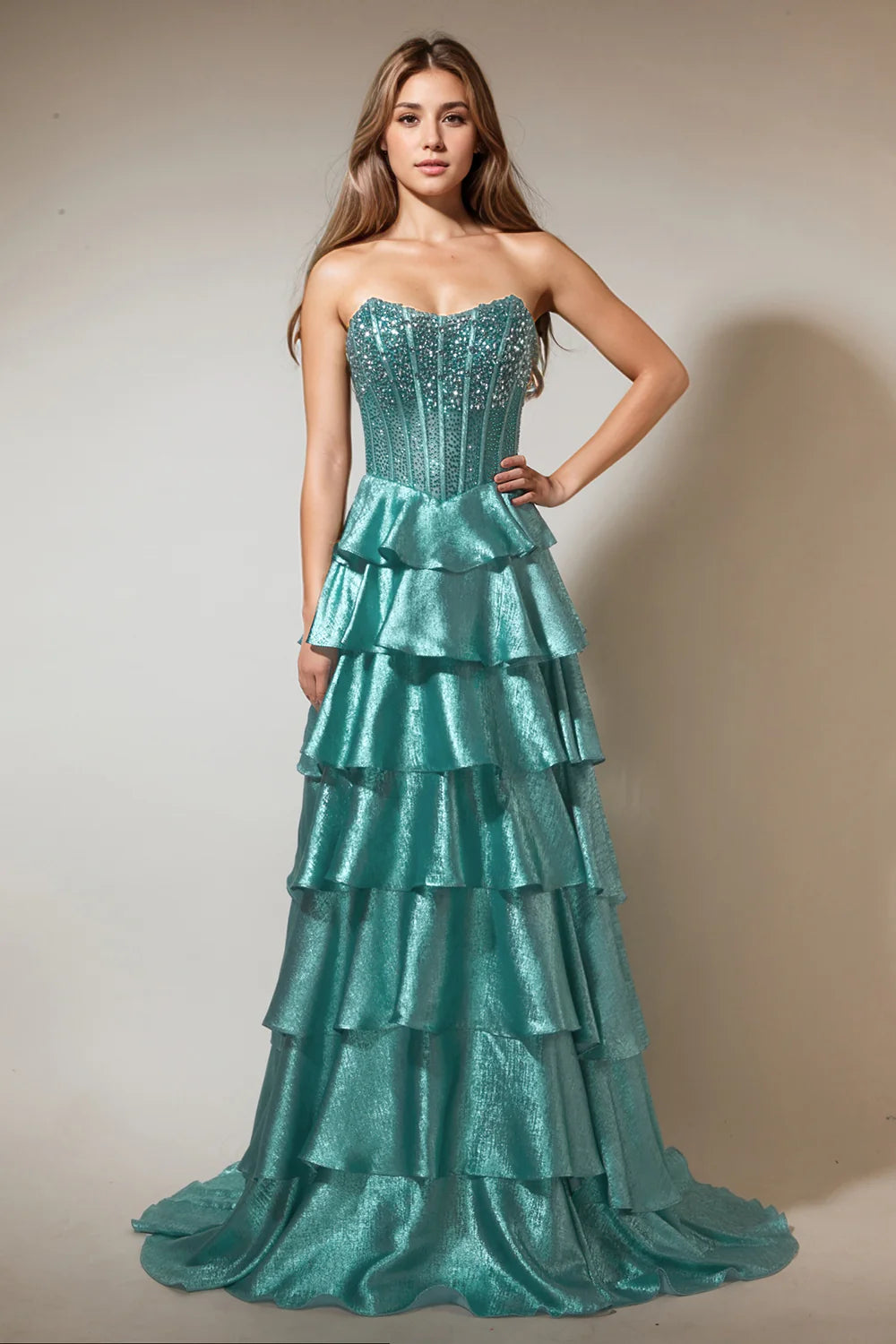 Teal Blue Beaded Strapless Tiered Ruffle Metallic A-Line Maxi Evening Dresses