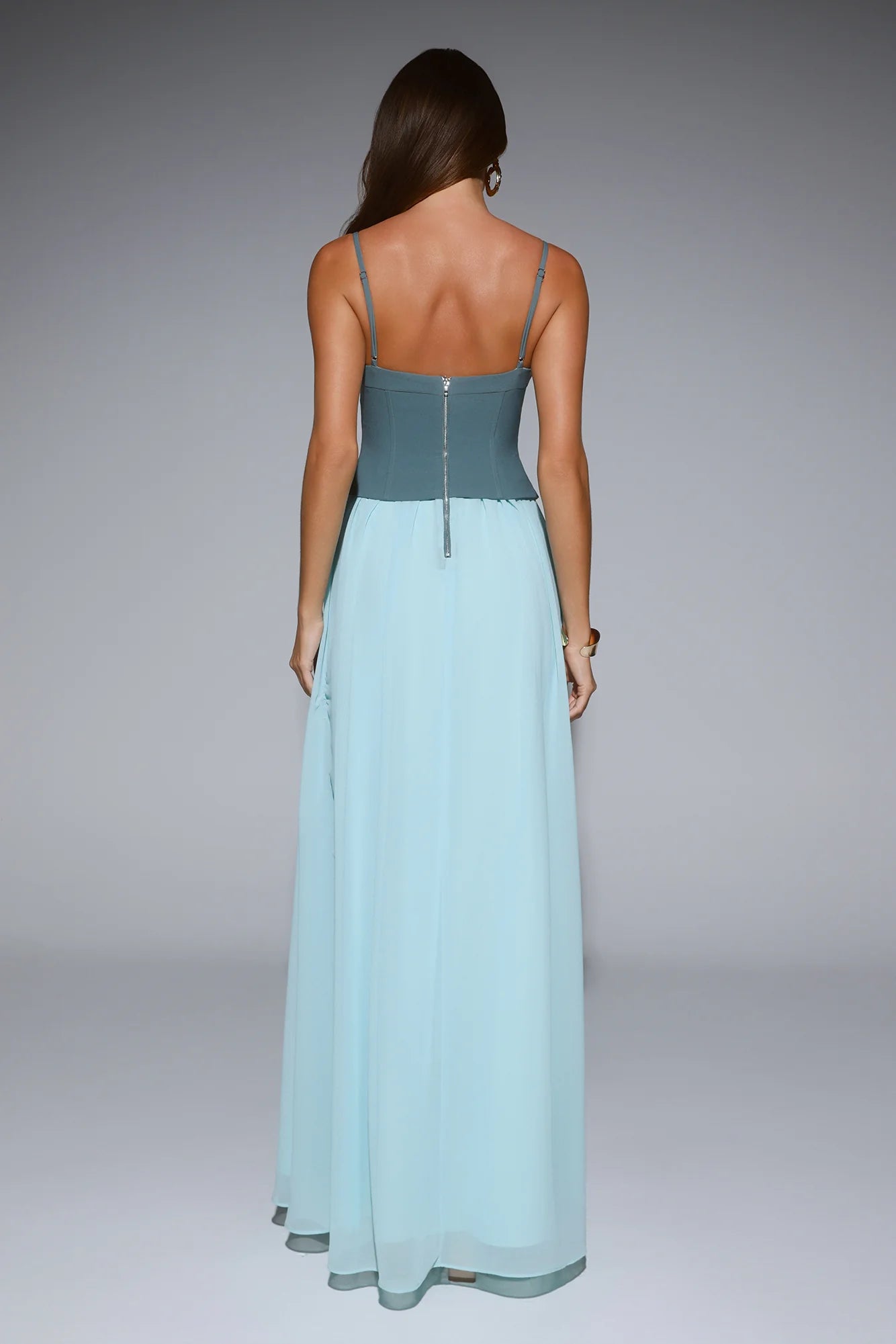 Teal Blue Color Block Corset Chiffon Maxi Evening Dresses