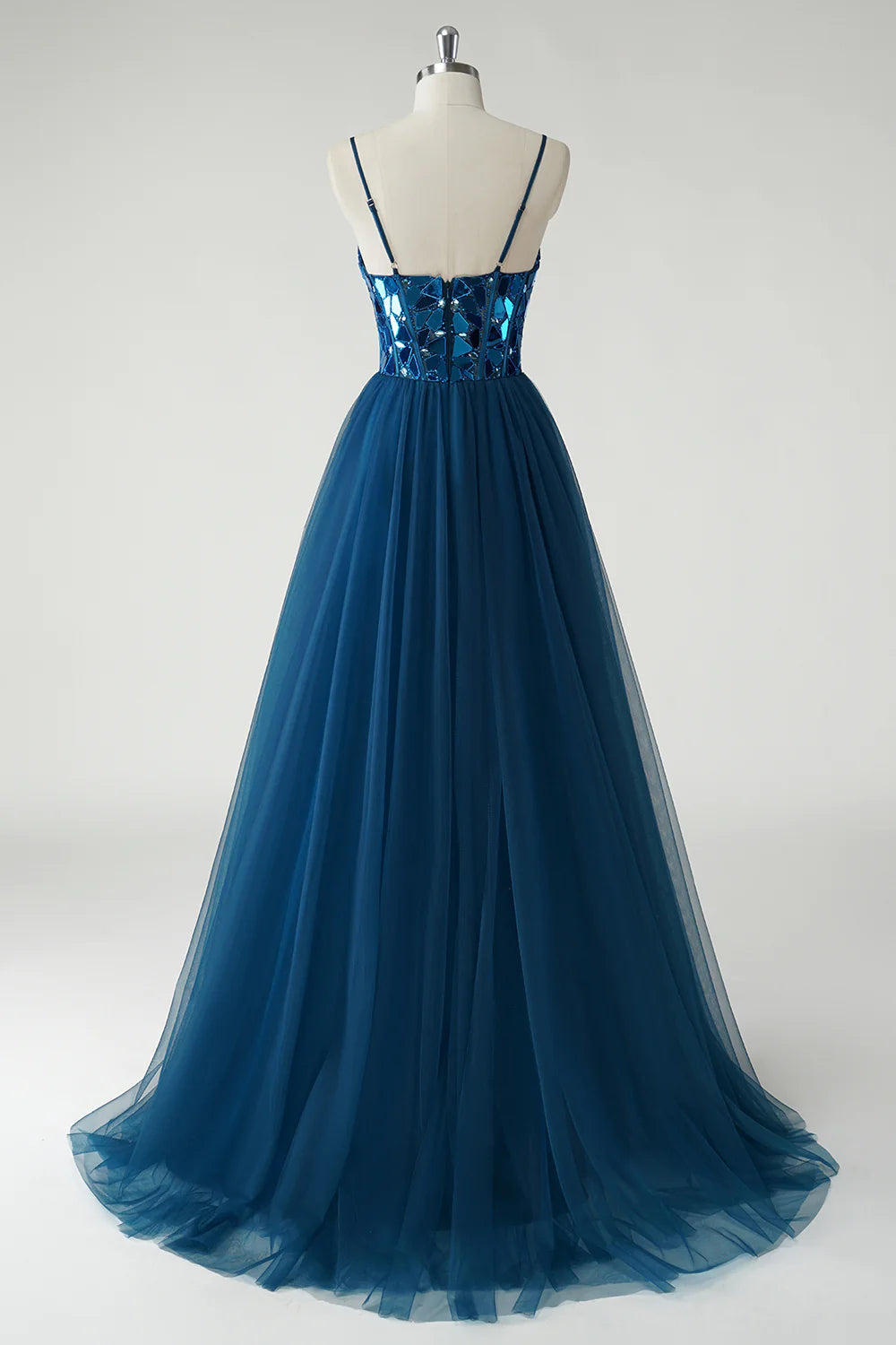 Teal Blue Mirrored Sequin Spaghetti Strap Tulle A-Line Maxi Evening Dresses