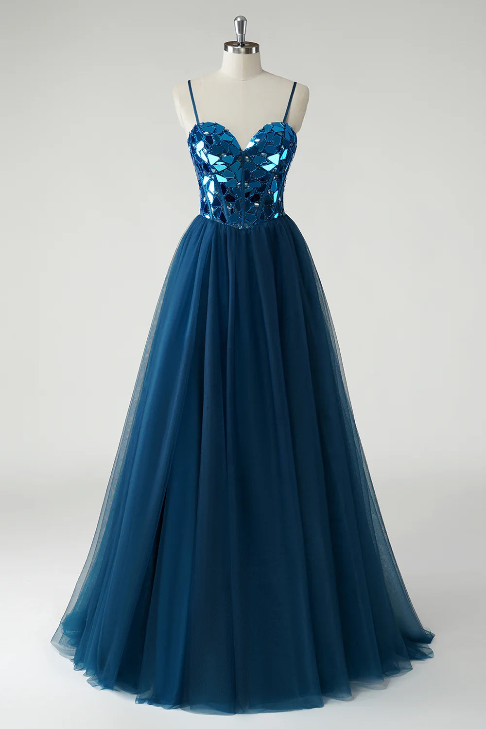 Teal Blue Mirrored Sequin Spaghetti Strap Tulle A-Line Maxi Evening Dresses