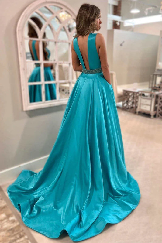 Teal Blue Satin Plunge V Open Back Long Prom Dress