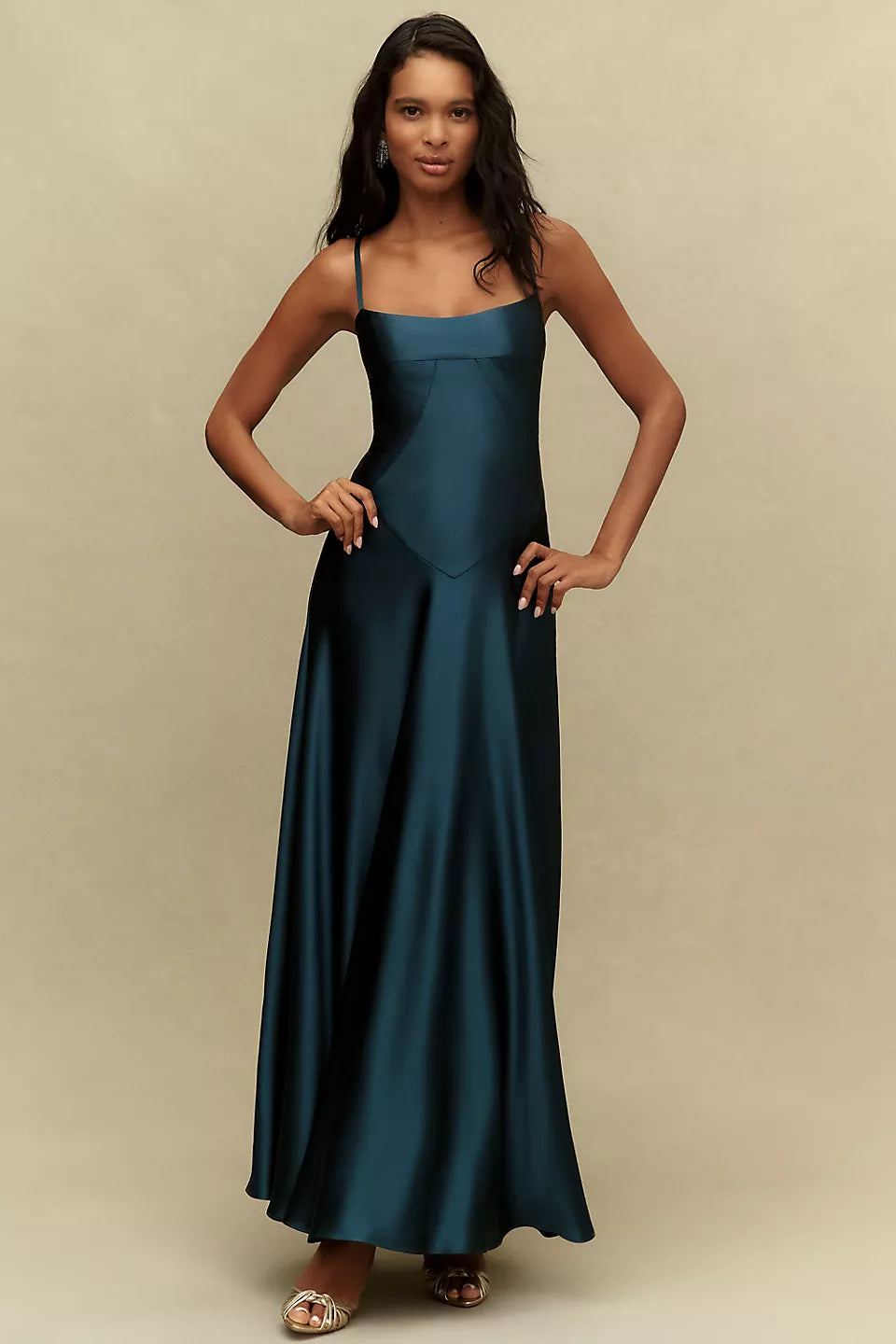 Teal Blue Spaghetti Strap Satin Square Neckline Lace Up Back Maxi Evening Dresses