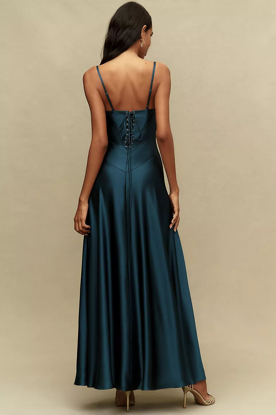 Teal Blue Spaghetti Strap Satin Square Neckline Lace Up Back Maxi Evening Dresses