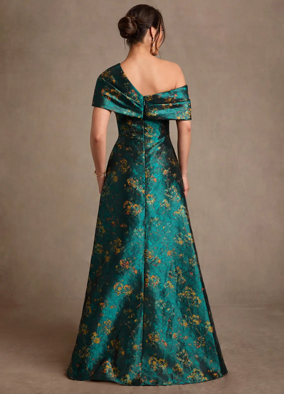 Teal Floral Jacquard One-Shoulder Maxi Evening Dresses