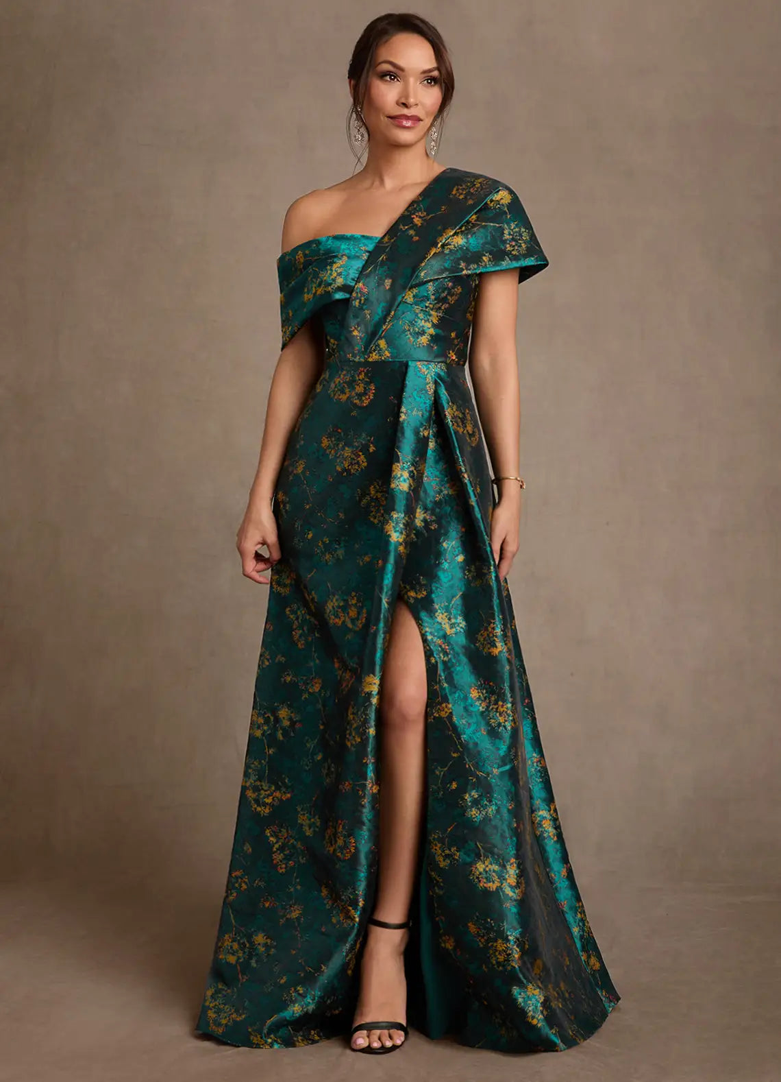 Teal Floral Jacquard One-Shoulder Maxi Evening Dresses