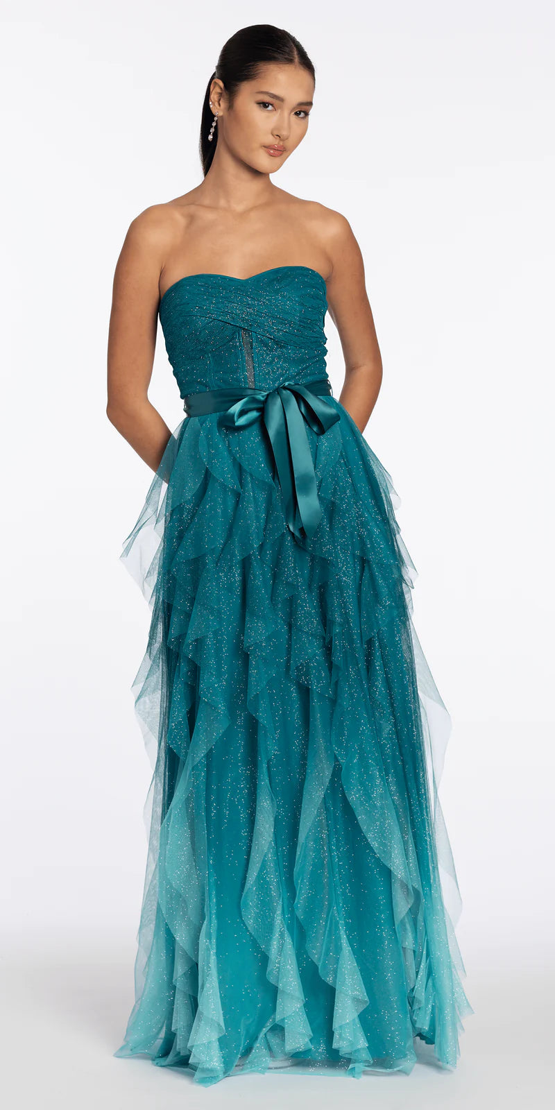 Teal Glitter Tulle Strapless Tiered Ruffle Ball Gown Evening Dresses