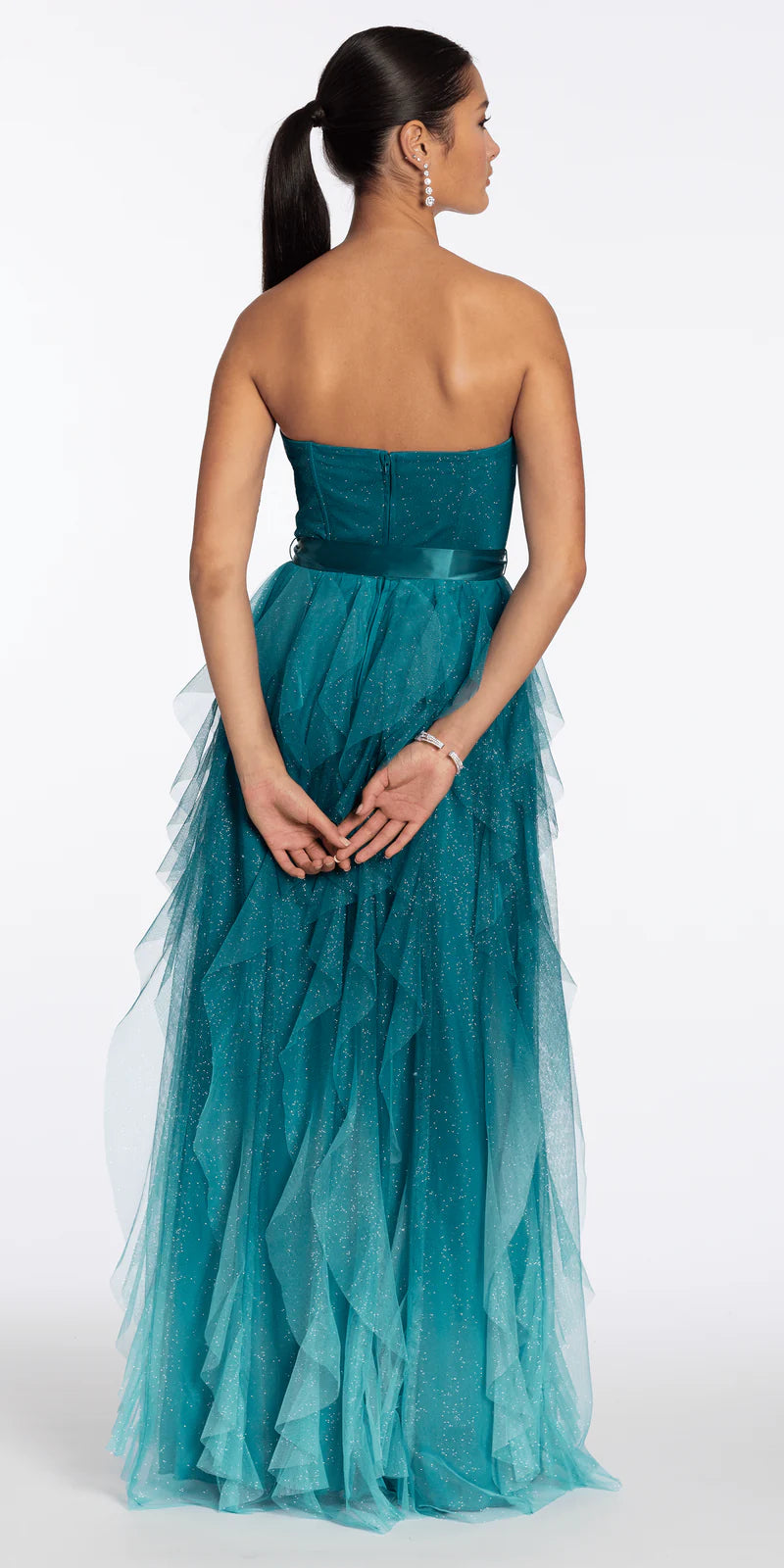 Teal Glitter Tulle Strapless Tiered Ruffle Ball Gown Evening Dresses