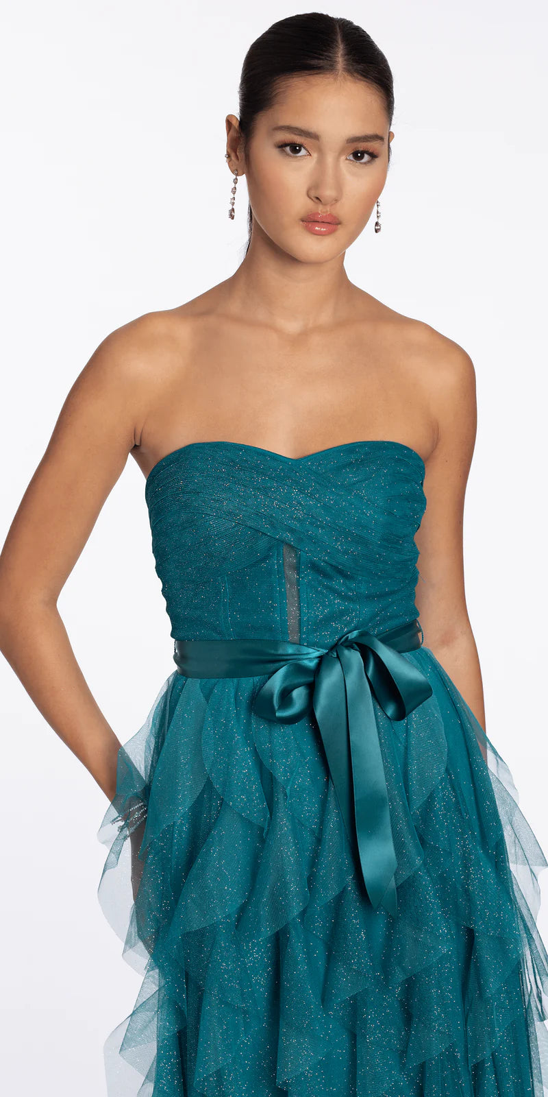 Teal Glitter Tulle Strapless Tiered Ruffle Ball Gown Evening Dresses