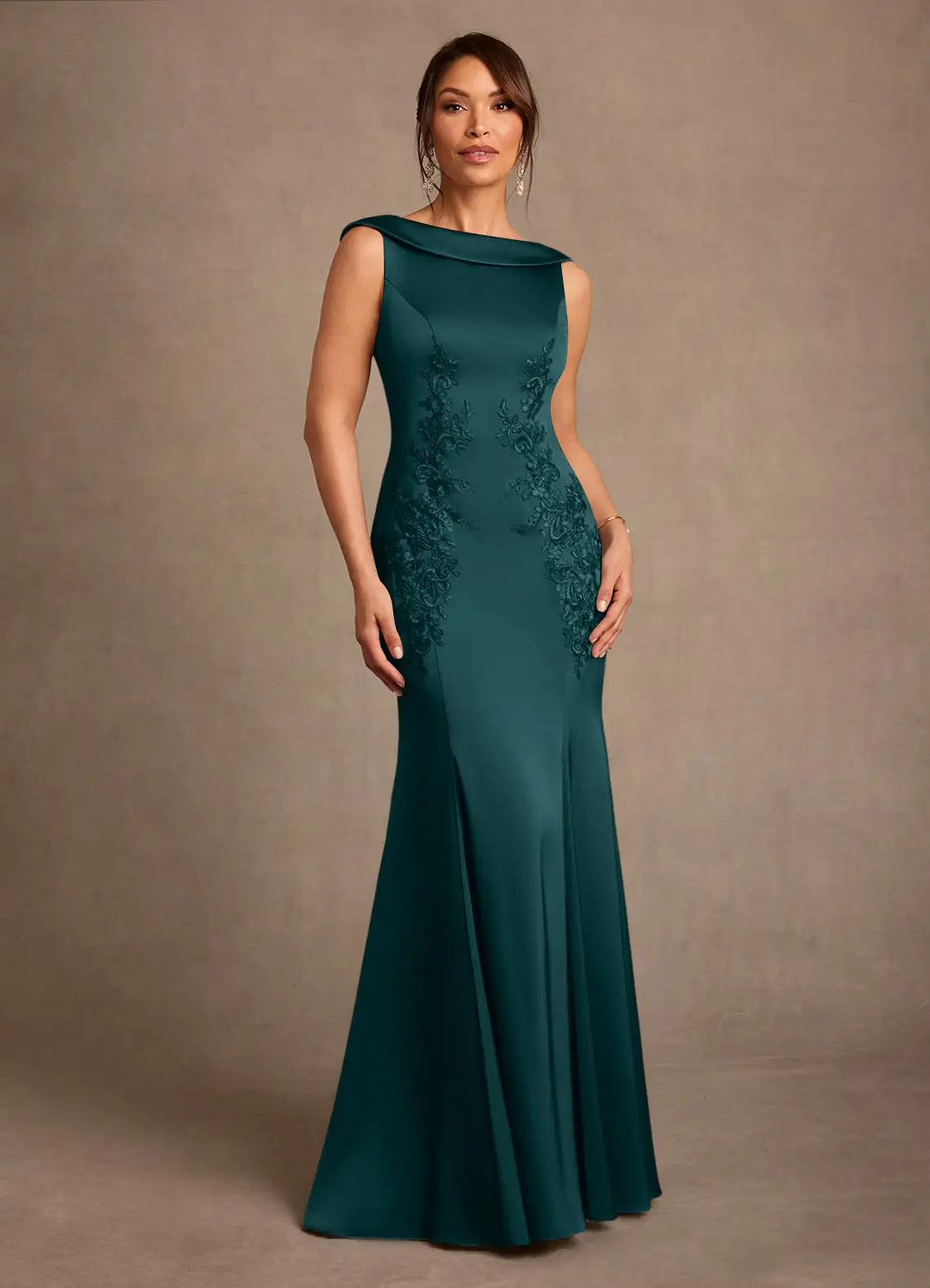 Teal Lace Applique Mermaid Maxi Evening Dresses