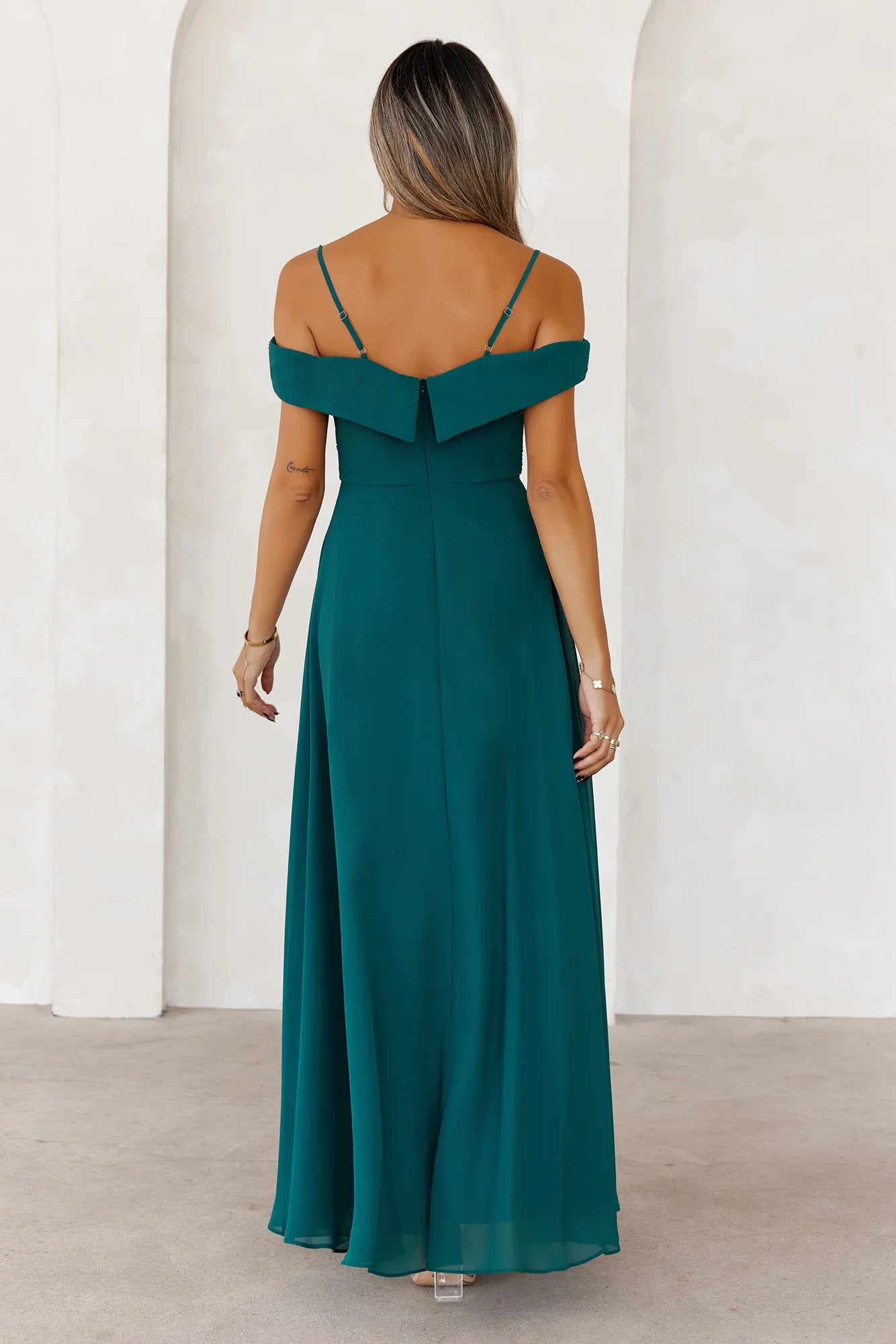 Teal Off Shoulder Pleated Chiffon Maxi Evening Dresses