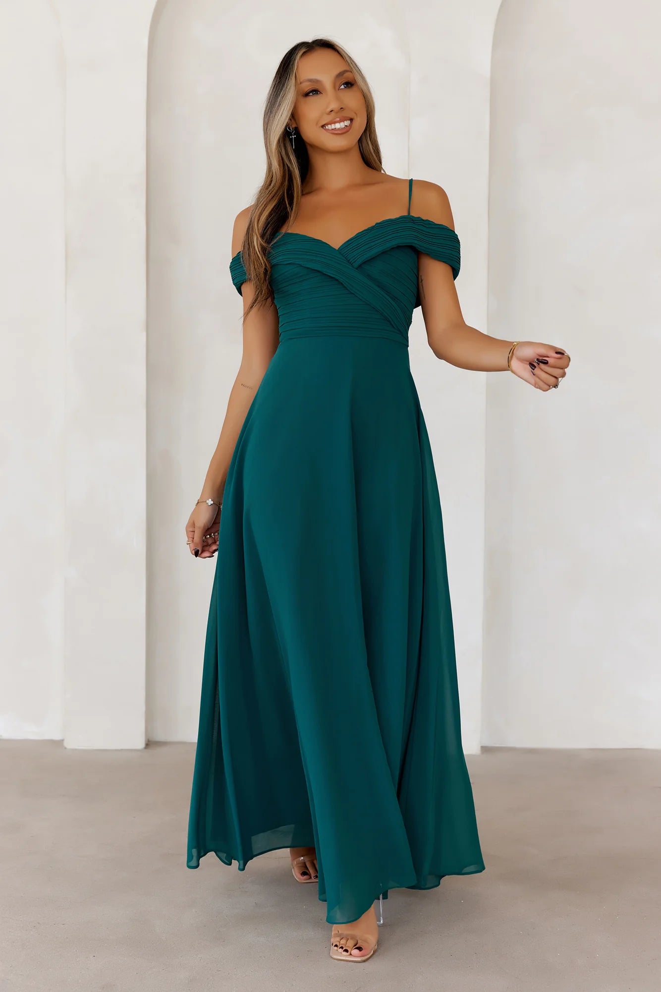 Teal Off Shoulder Pleated Chiffon Maxi Evening Dresses