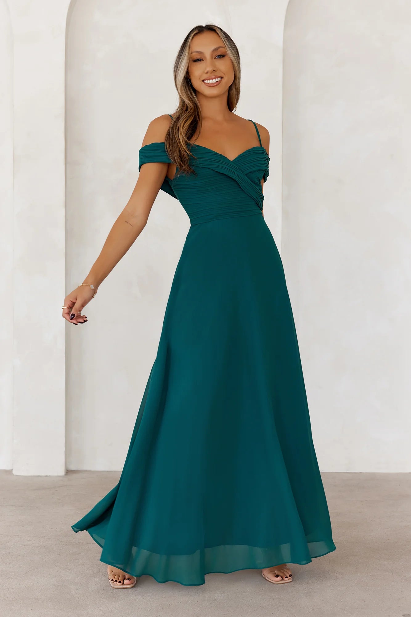 Teal Off Shoulder Pleated Chiffon Maxi Evening Dresses
