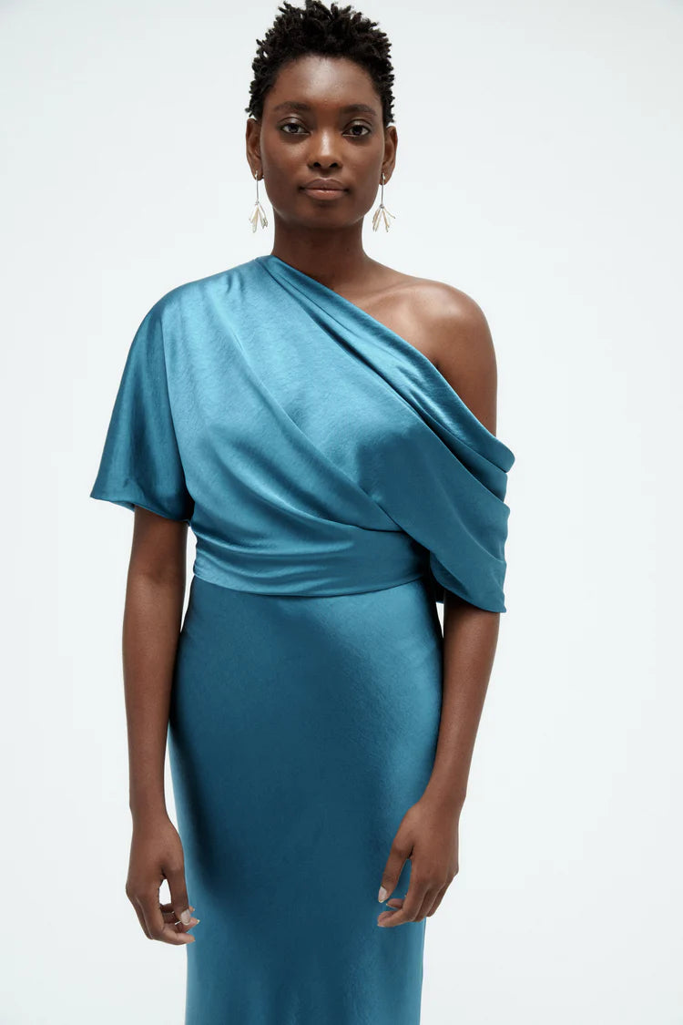 Teal One Shoulder Draped Satin Maxi Evening Dresses