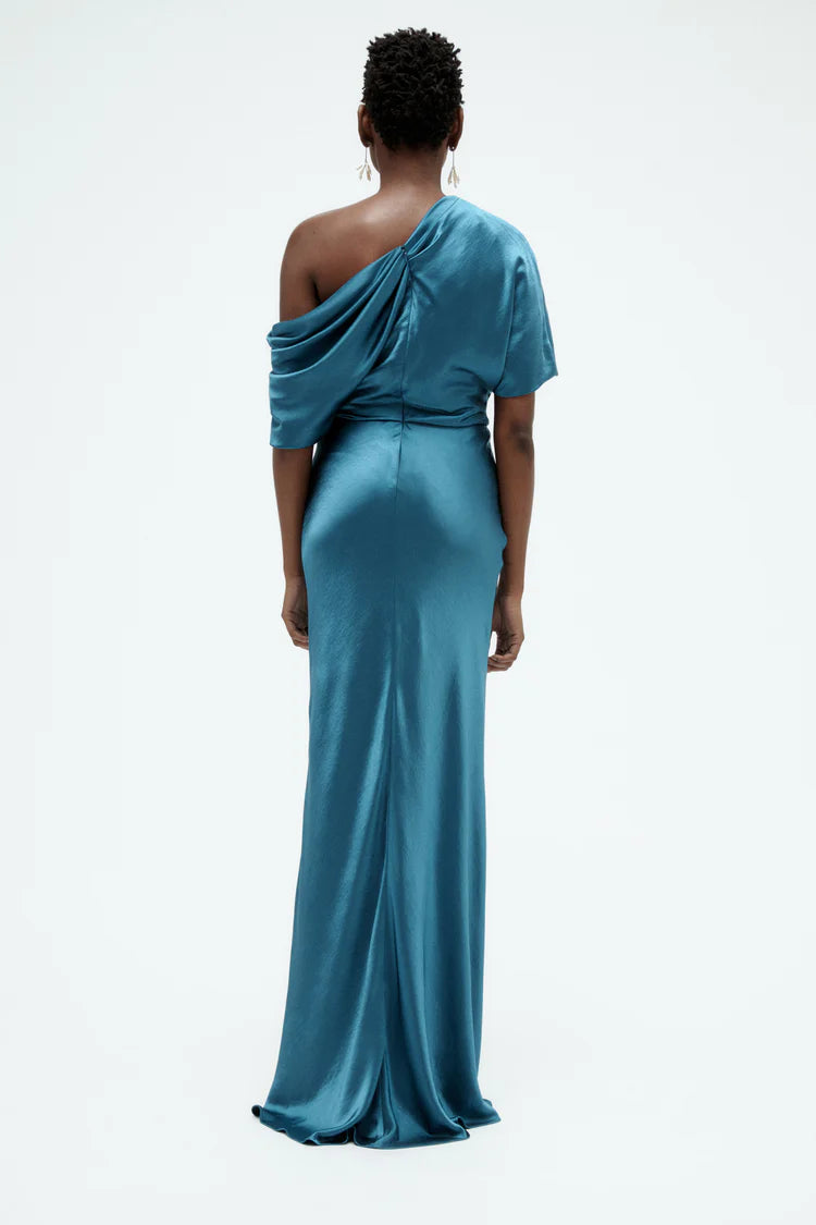 Teal One Shoulder Draped Satin Maxi Evening Dresses