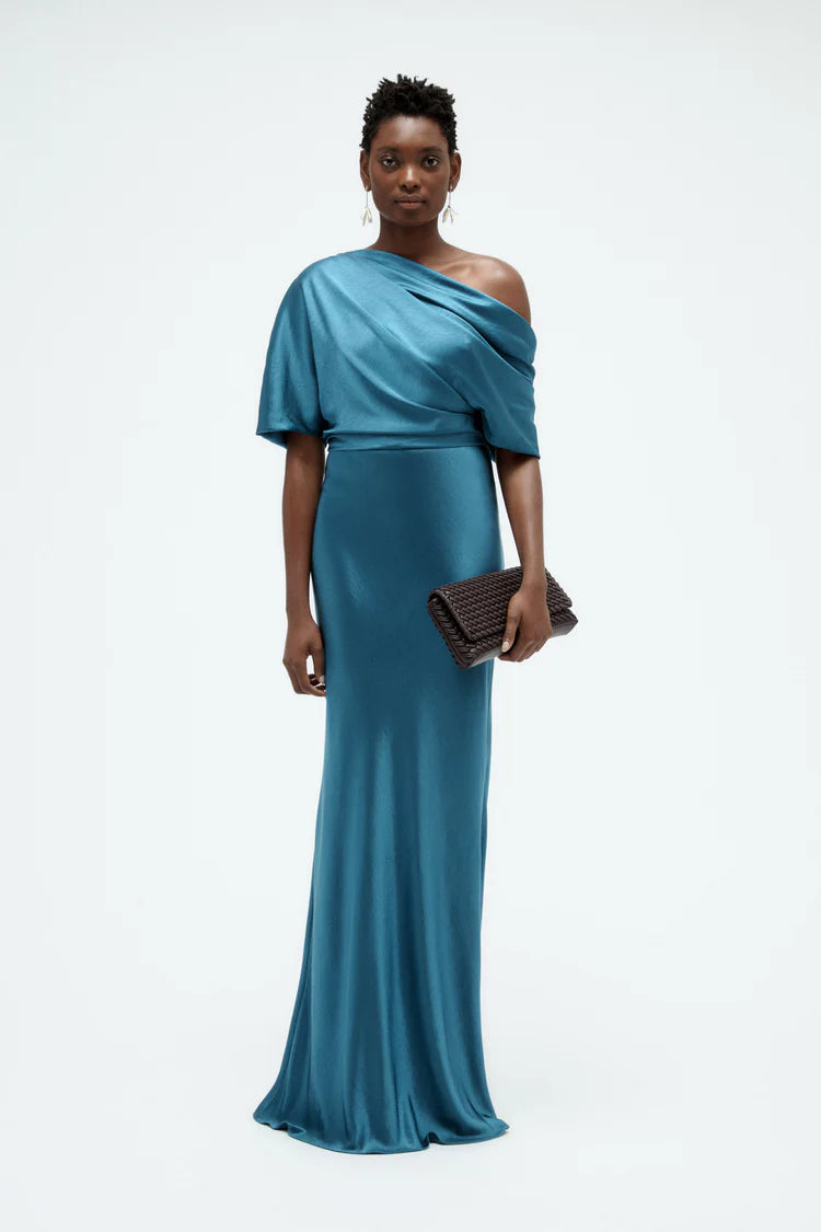 Teal One Shoulder Draped Satin Maxi Evening Dresses