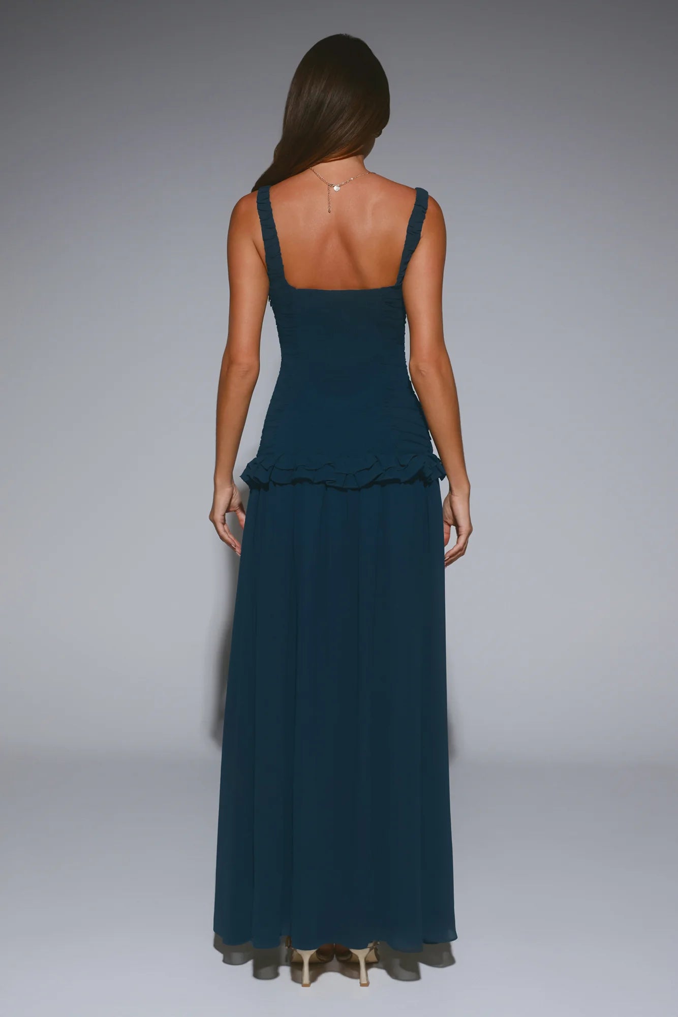 Teal Ruched Ruffle Square Neck Maxi Evening Dresses