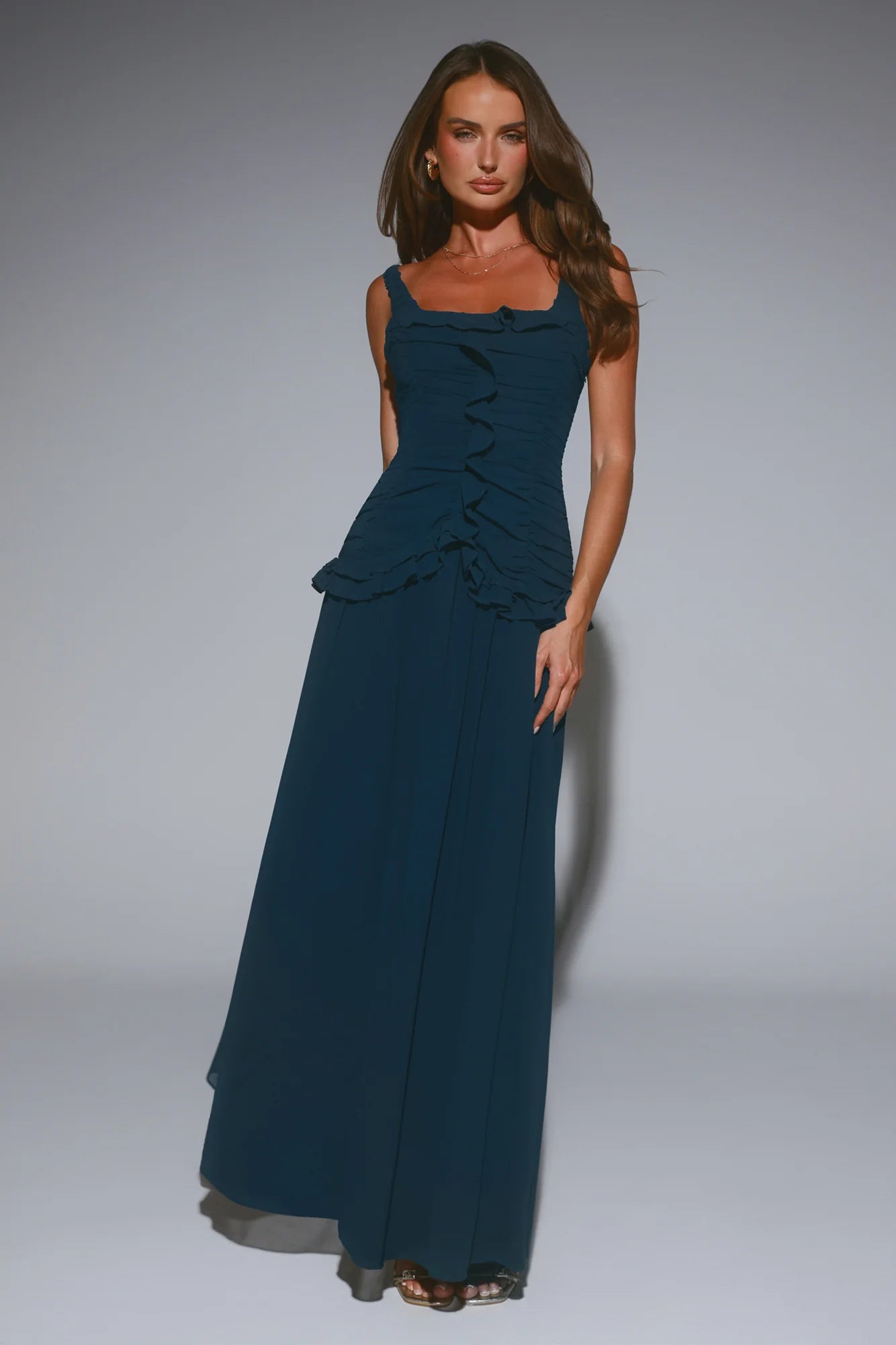 Teal Ruched Ruffle Square Neck Maxi Evening Dresses