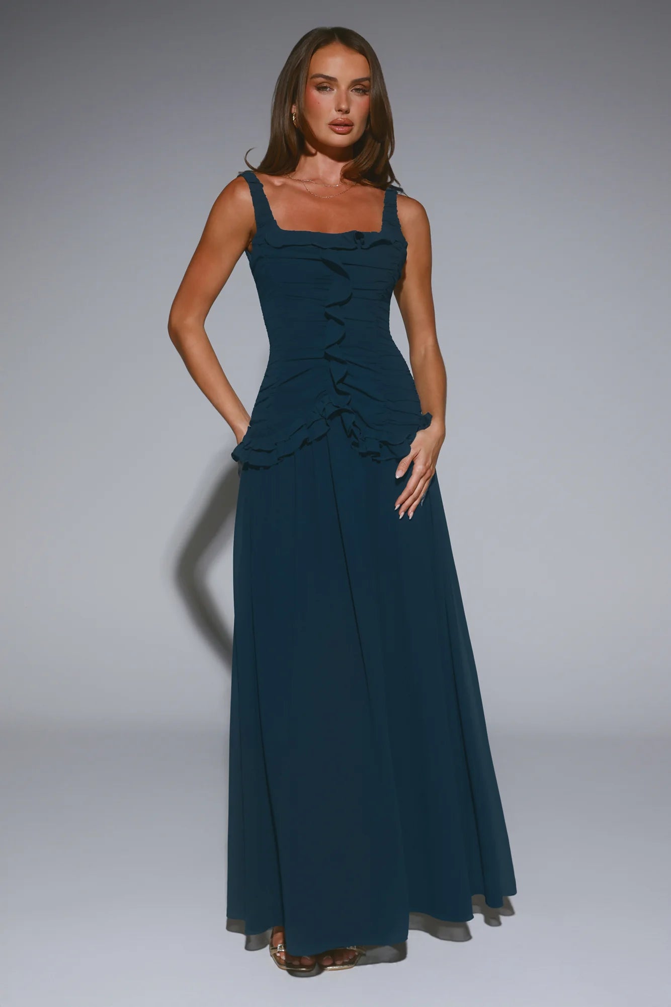 Teal Ruched Ruffle Square Neck Maxi Evening Dresses