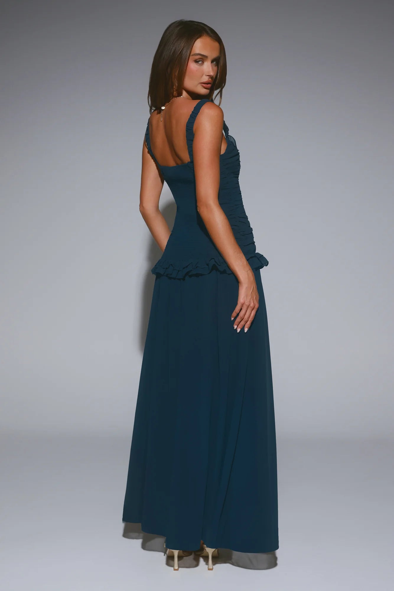 Teal Ruched Ruffle Square Neck Maxi Evening Dresses