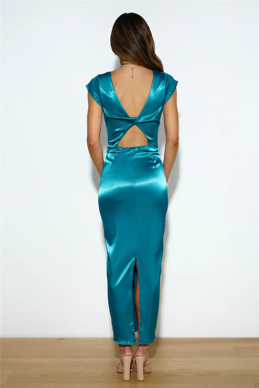 Teal Satin Cap Sleeve Twist Back Slit Midi Evening Dresses