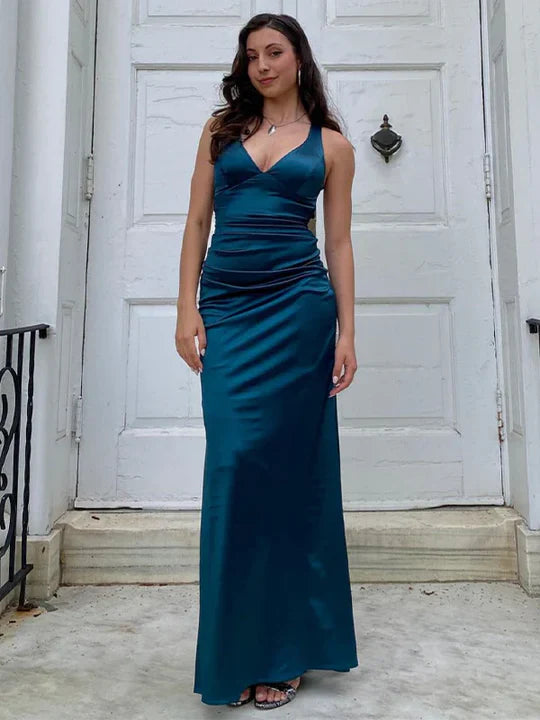 Teal Satin Halter Criss Cross Back Prom Dress with High Slit