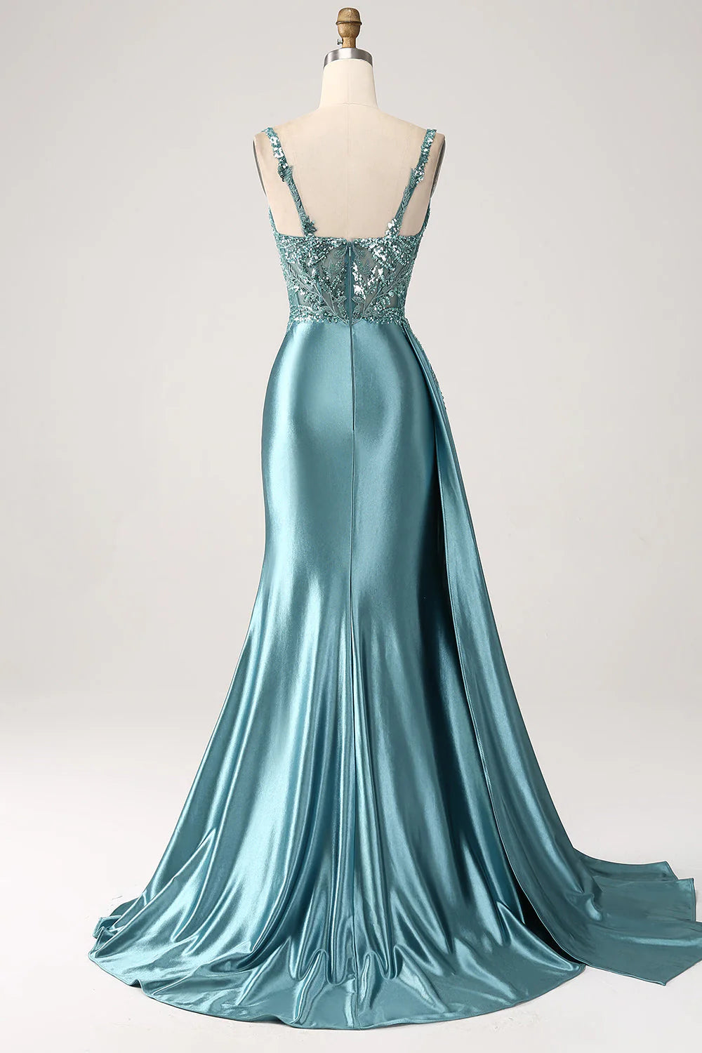 Teal Satin Lace Applique Side Split Evening Dresses