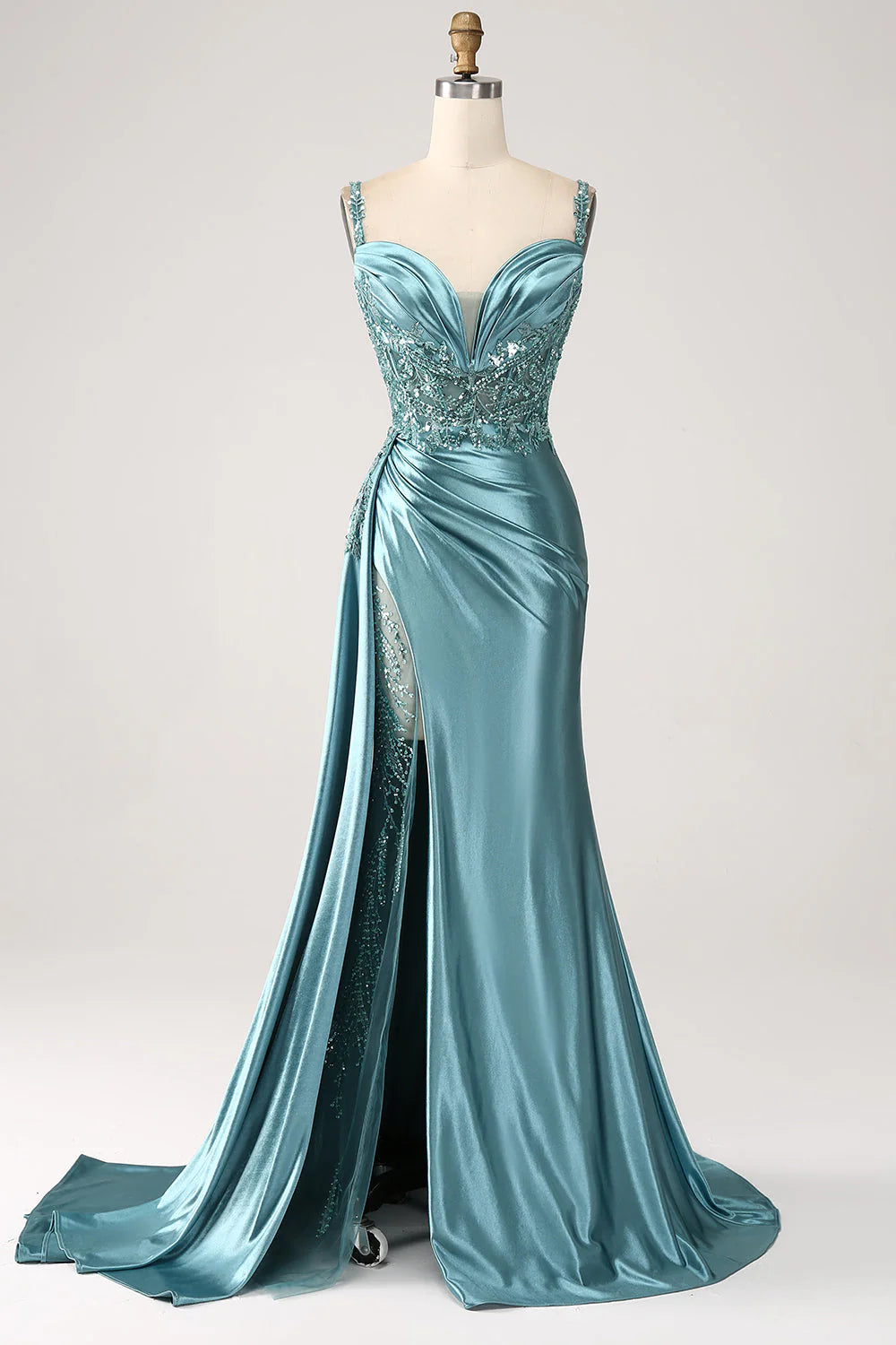 Teal Satin Lace Applique Side Split Evening Dresses