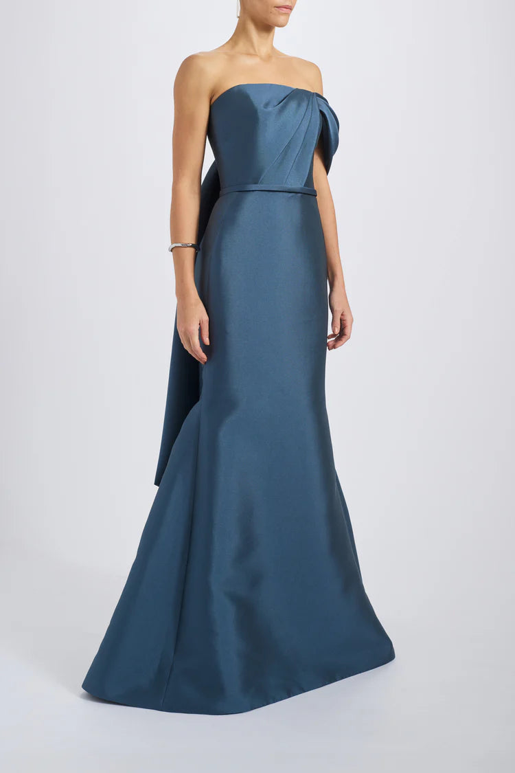 Teal Satin One Shoulder Oversized Bow Mermaid Maxi Evening Dresses
