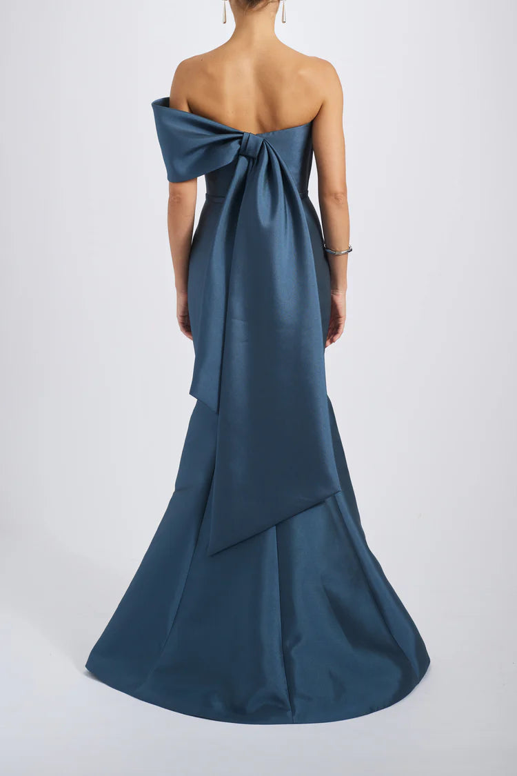 Teal Satin One Shoulder Oversized Bow Mermaid Maxi Evening Dresses