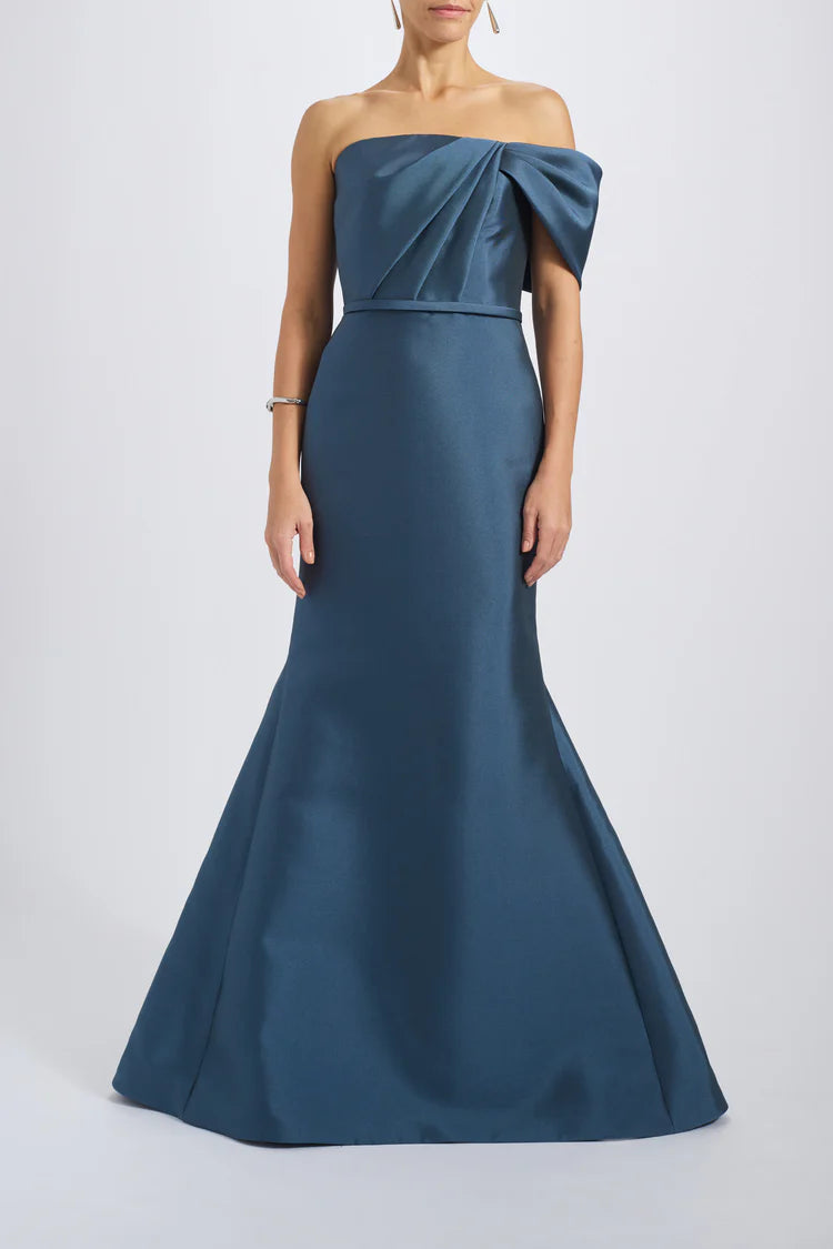Teal Satin One Shoulder Oversized Bow Mermaid Maxi Evening Dresses