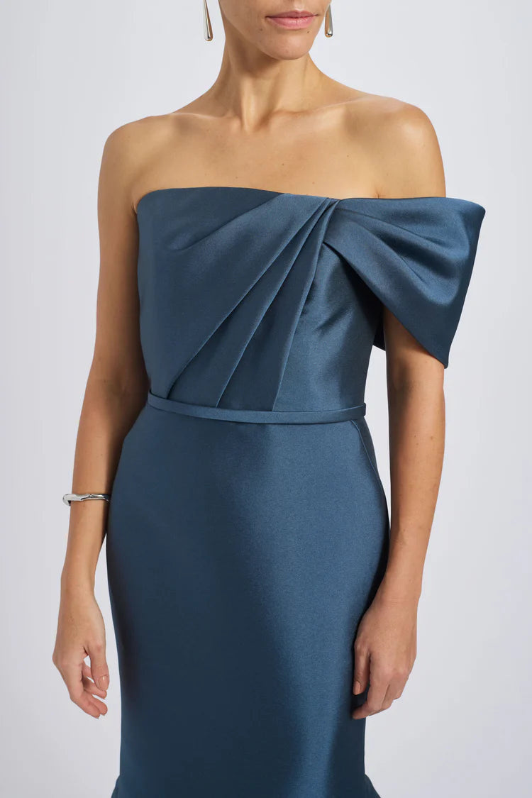 Teal Satin One Shoulder Oversized Bow Mermaid Maxi Evening Dresses