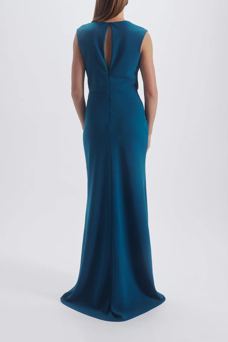 Teal Sleeveless Twist Front Slit Maxi Evening Dresses