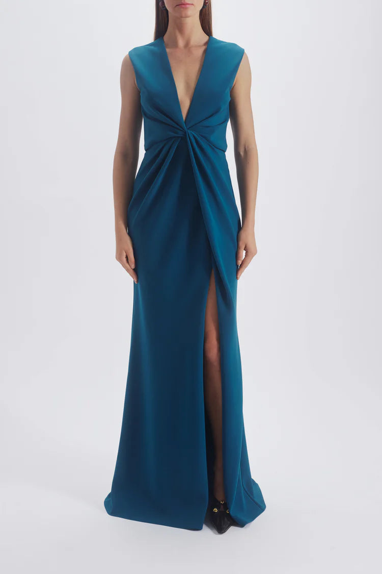 Teal Sleeveless Twist Front Slit Maxi Evening Dresses