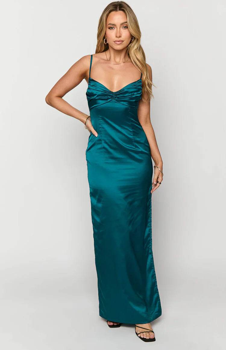 Teal Spaghetti Strap Ruched Bust Satin Mermaid Evening Dresses