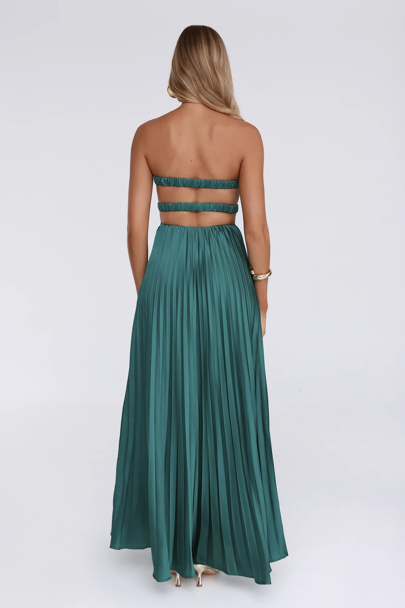 Teal Strapless Corset Pleated Satin Maxi Evening Dresses