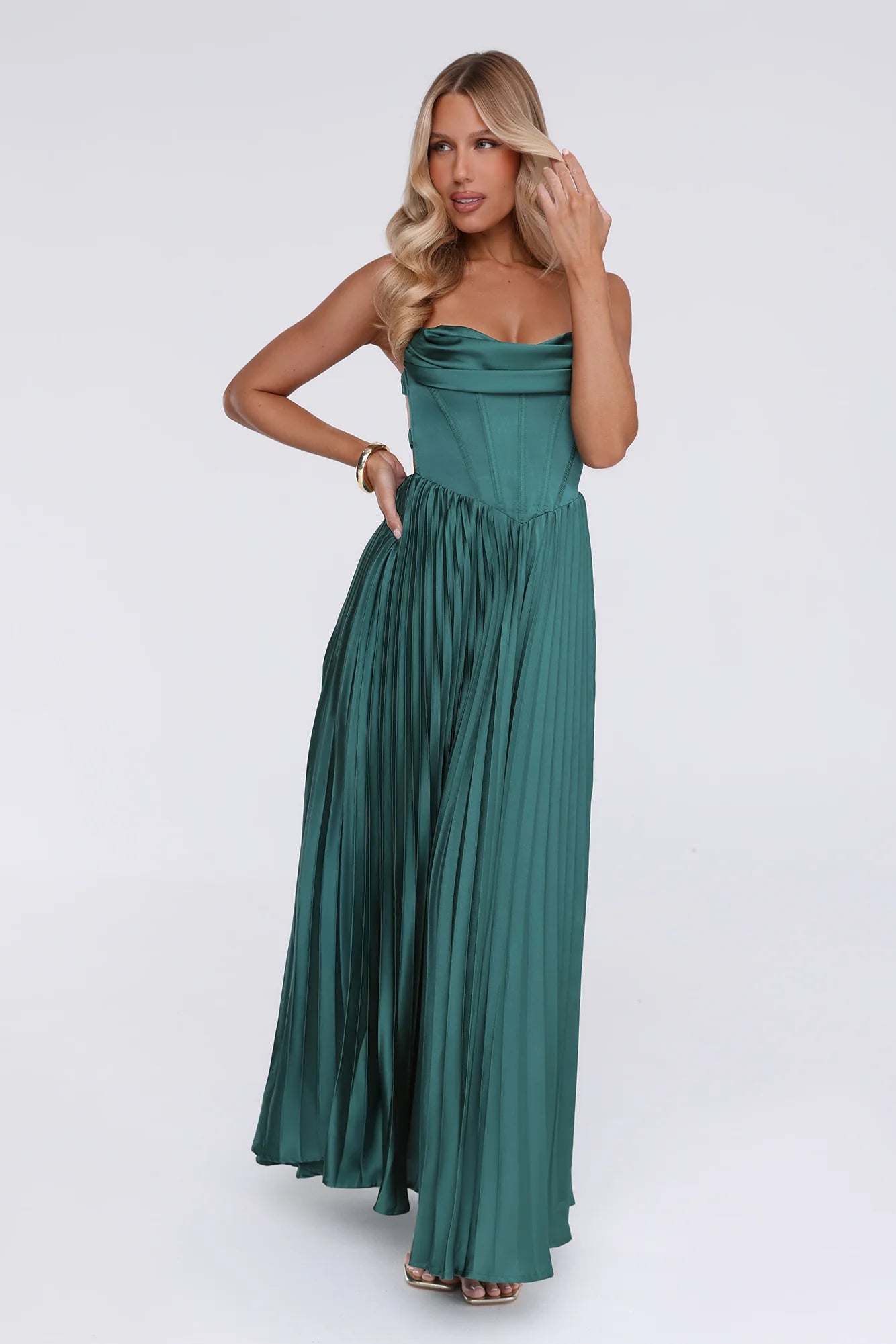 Teal Strapless Corset Pleated Satin Maxi Evening Dresses