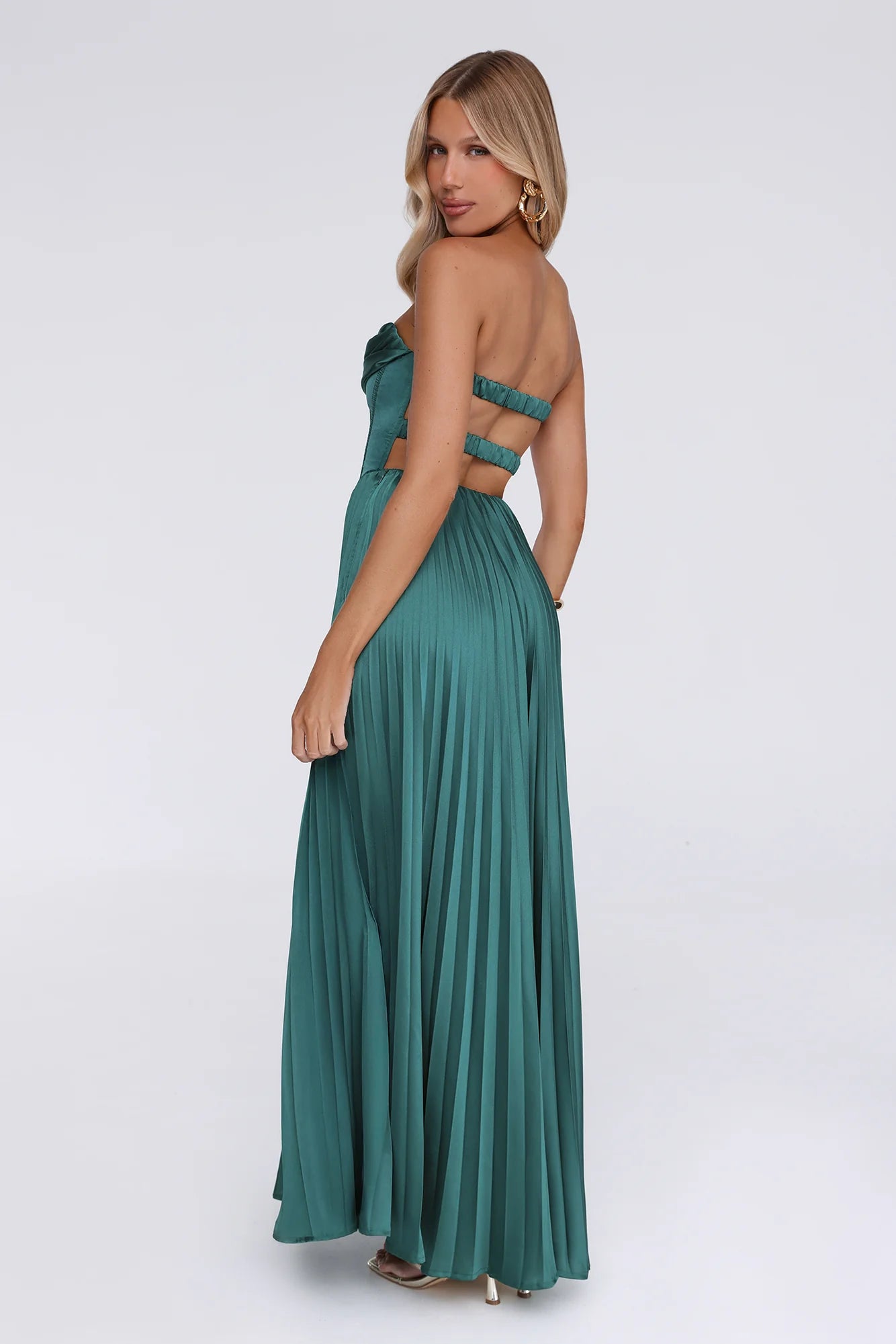 Teal Strapless Corset Pleated Satin Maxi Evening Dresses