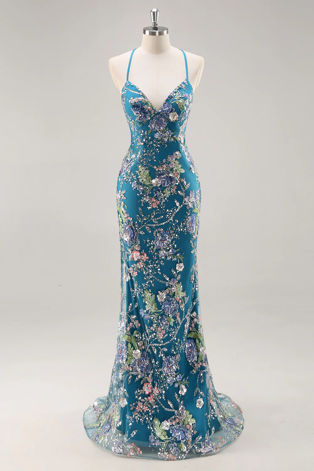 Teal Tulle Floral Embroidered Lace-Up Back Mermaid Evening Dresses
