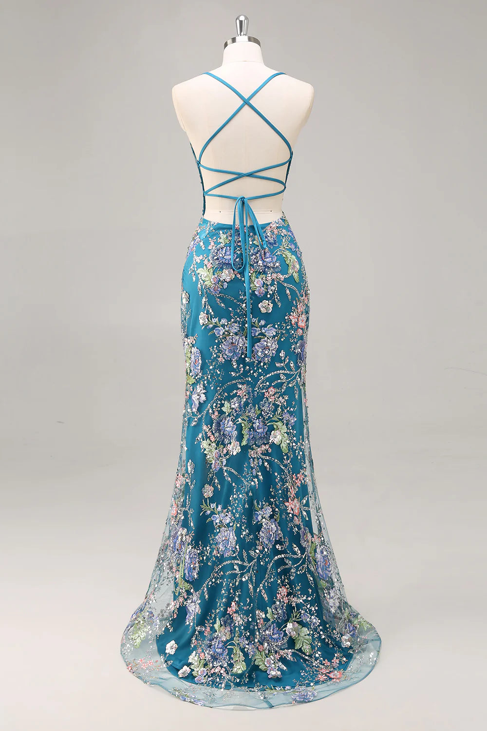 Teal Tulle Floral Embroidered Lace-Up Back Mermaid Evening Dresses
