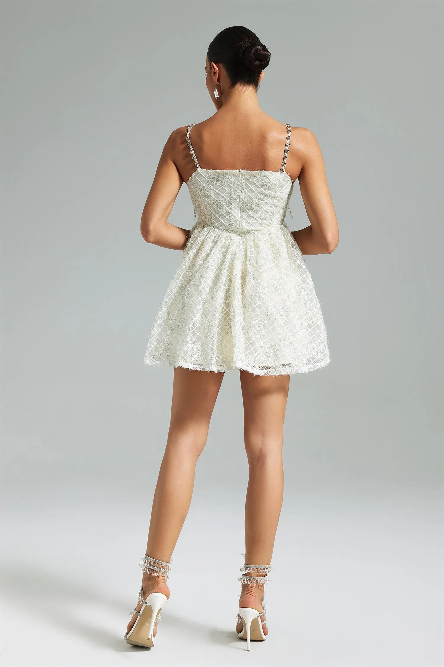 White Lace Beaded Bow A-Line Mini Evening Dresses
