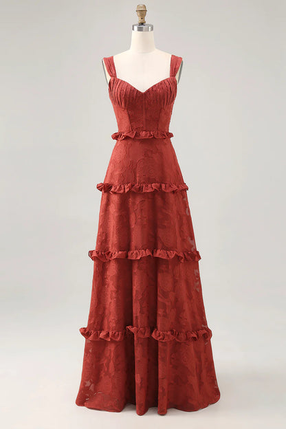 Terracotta A-line Ruffled Long Bridesmaid Dress with Lace Up Back