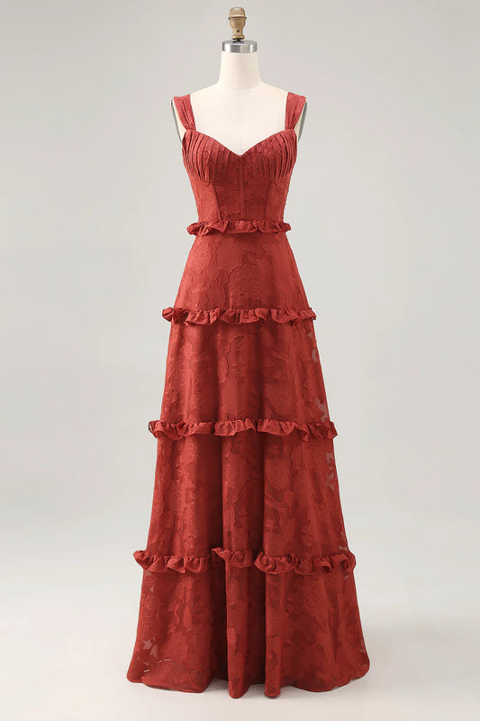 Terracotta A-line Ruffled Long Bridesmaid Dress with Lace Up Back
