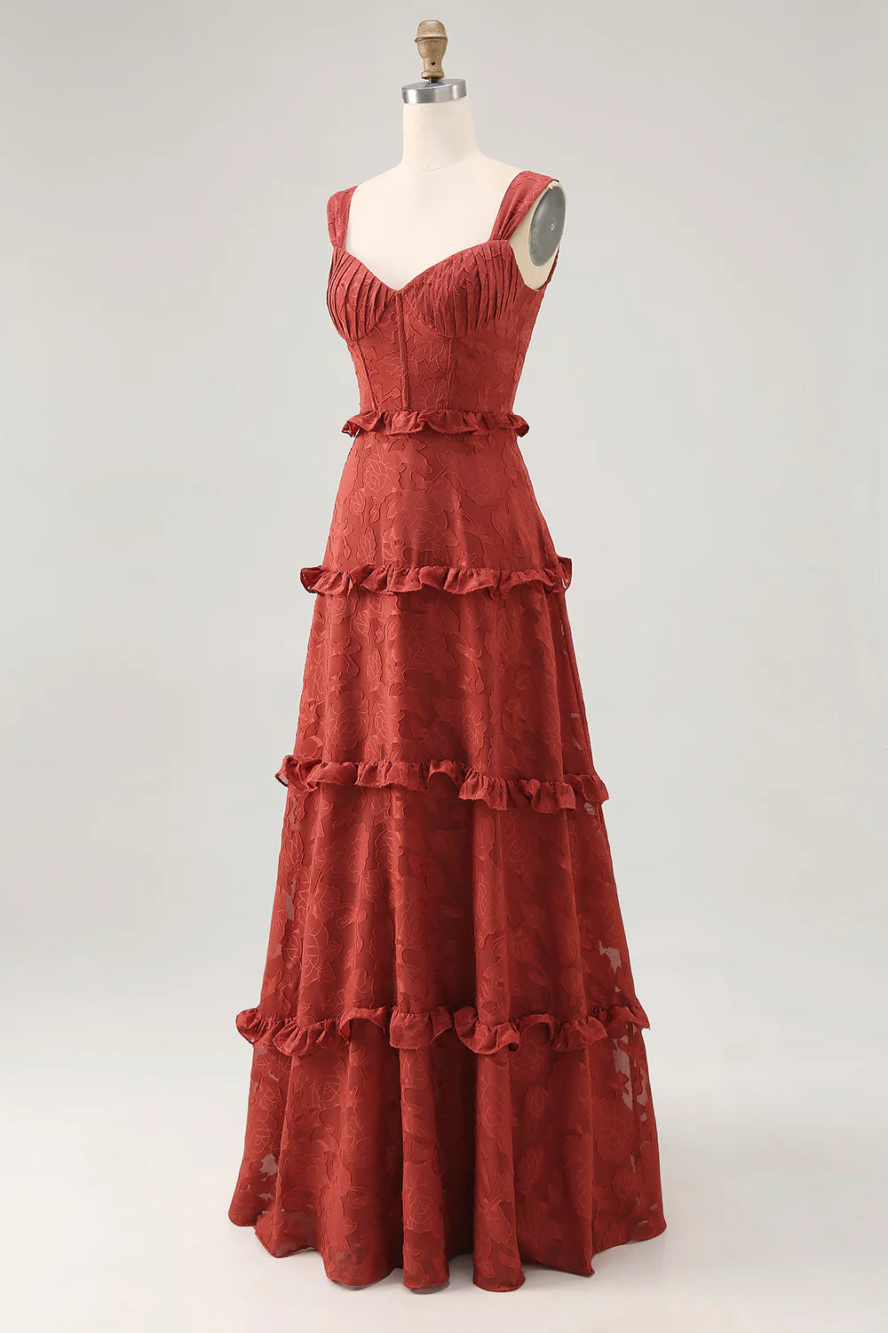 Terracotta A-line Ruffled Long Bridesmaid Dress with Lace Up Back