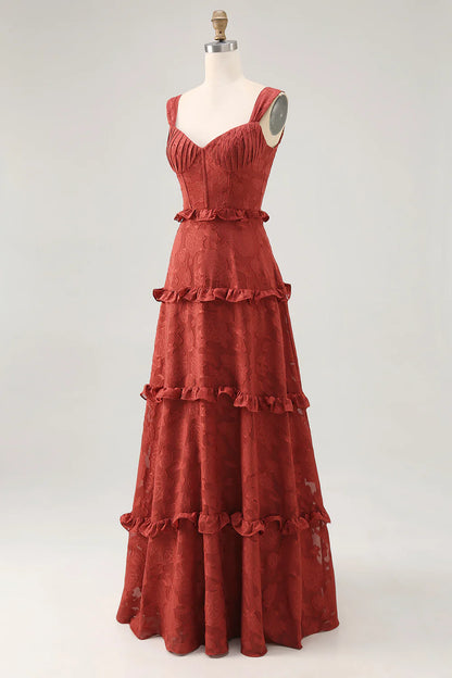 Terracotta A-line Ruffled Long Bridesmaid Dress with Lace Up Back