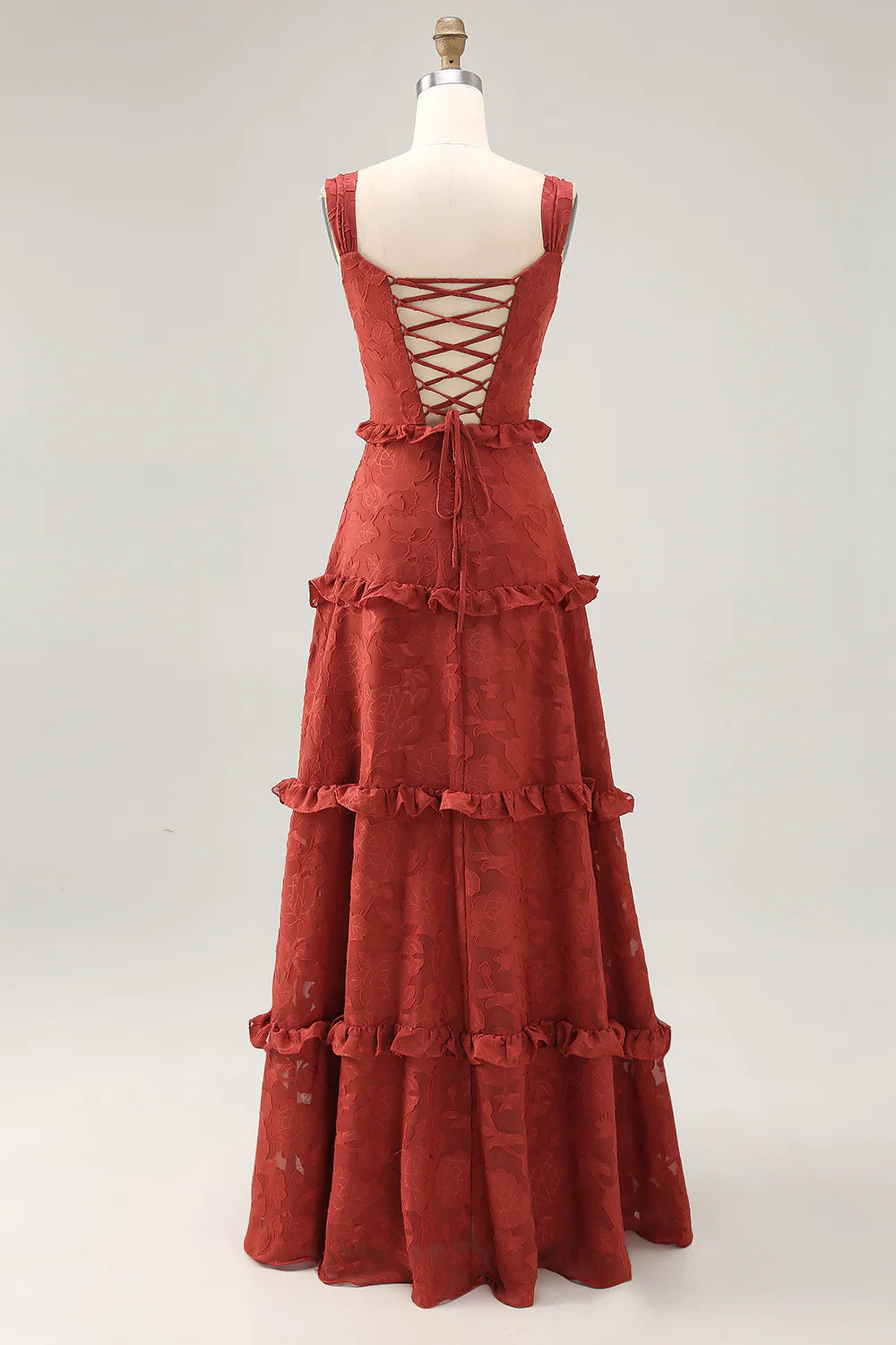 Terracotta A-line Ruffled Long Bridesmaid Dress with Lace Up Back