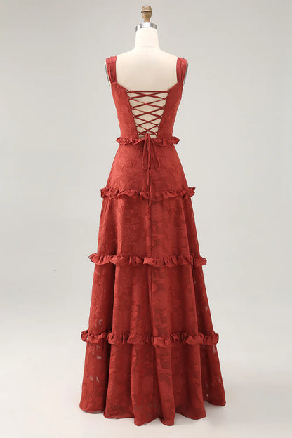 Terracotta A-line Ruffled Long Bridesmaid Dress with Lace Up Back